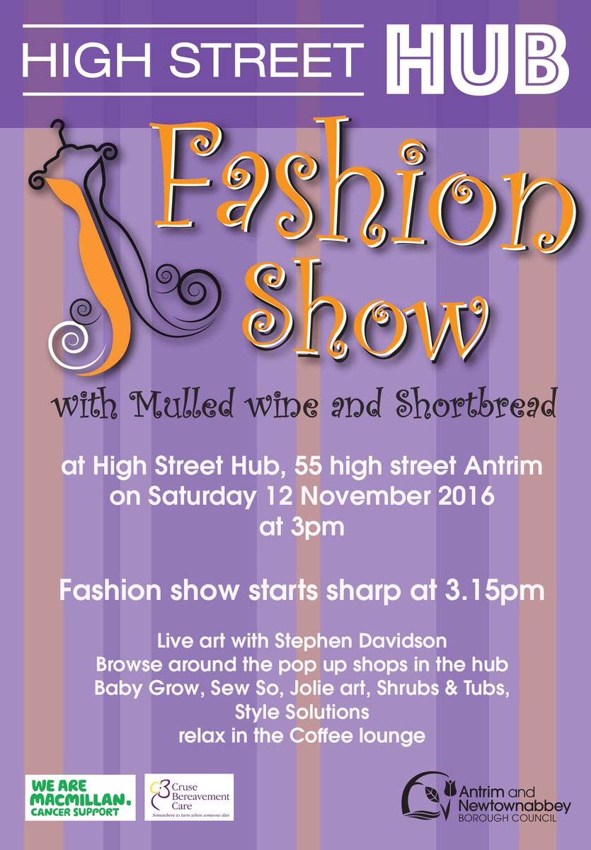 High Street Hub Fashion Show Sat 12 Nov at 3pm ,55 High Street Antrim 
this promises to be a fabulous show with stunning fashion