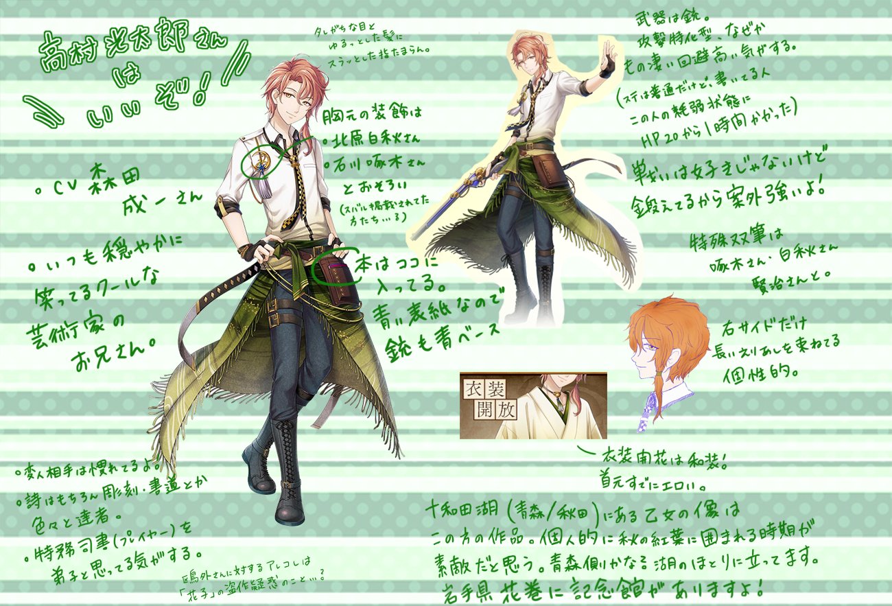 狐夏 文アルキャラ 高村光太郎 どうしても書きたかったのでn番煎じかもしれませんが 優しいけどどこか飄々としているようなお兄さんです 芸術家で詩に彫刻に書道もござれな高村さんはいいぞ 文アル 文アルキャラプレゼン T Co