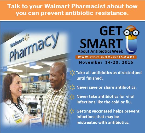 Walmart's tweet image. It’s National Get Smart About Antibiotics Week! Join us as we work with the CDC in raising awareness about the overuse of antibiotics.