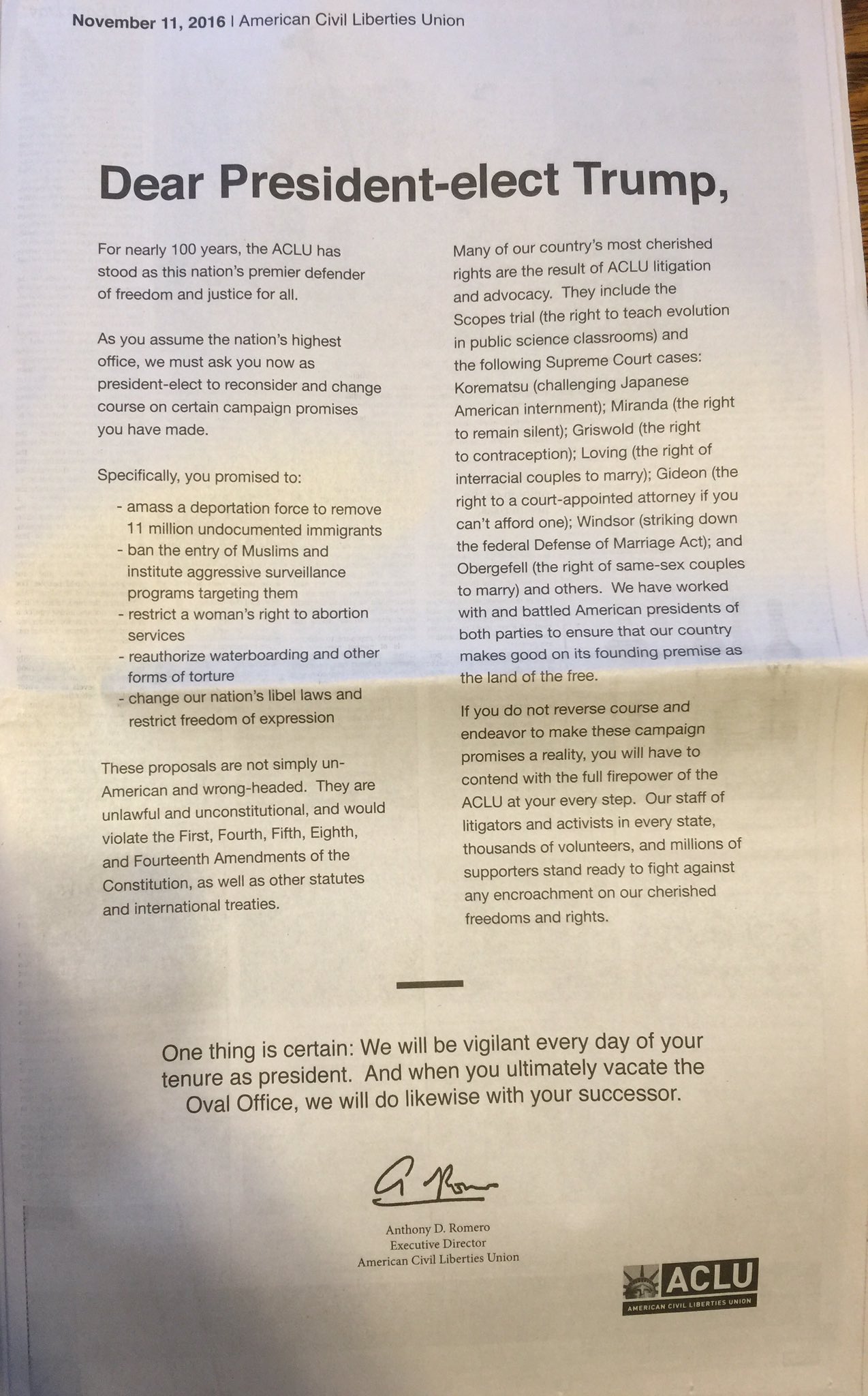 Aclu On Twitter An Open Letter From The Aclu To President Elect Trump We Will Be Vigilant Every Day Of Your Tenure As President Https T Co 4qwumzg4dp Twitter
