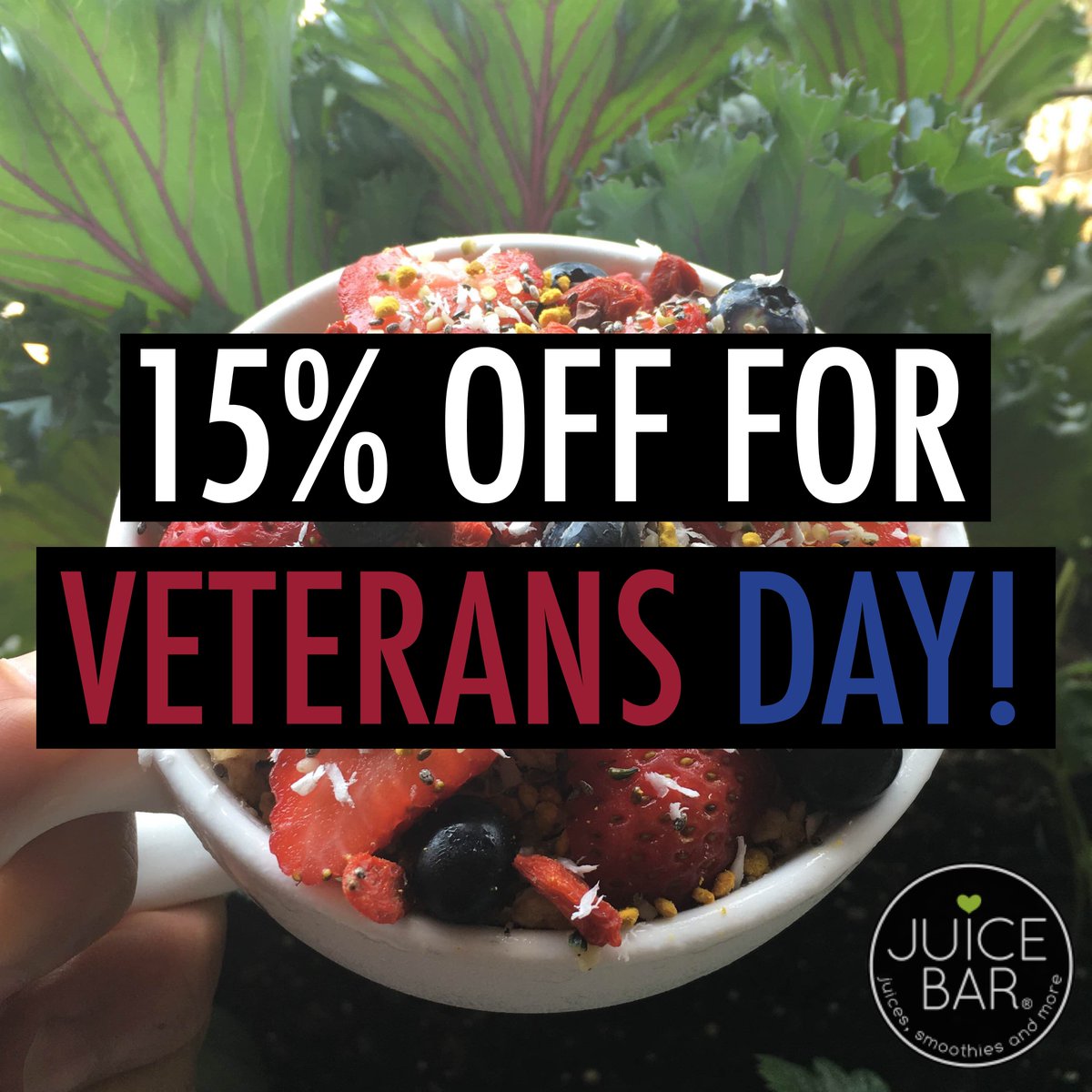JuiceBarTTown's tweet image. Happy Veterans Day! All veterans and their families please enjoy 15% off their order today! #veteransday #ilovejuicebar #juicebarttown