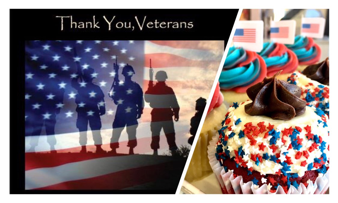 DDCupcakes's tweet photo. Thank you, Veterans!  Please accept a FREE CUPCAKE from our case today with our gratitude. Active military included... open 11-10 day. ❤️ https://t.co/ddSUkAiZCJ