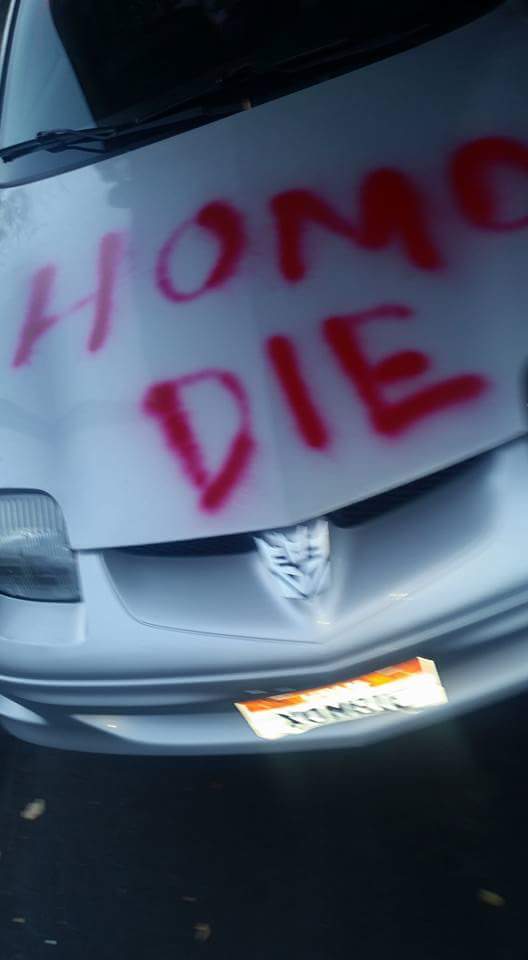 madamfergie's tweet photo. This is what our friends in Utah woke up to spray painted on their car. #trumpconsequences https://t.co/gjzkD8yR24