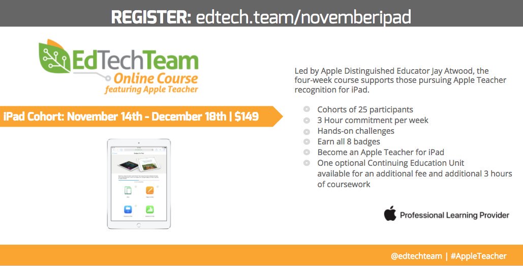edtechteam's tweet photo. Let the countdown begin! Monday our #AppleTeacher for iPad online cohort begins! @jayatwood https://t.co/SJeup4vCfN #iosedchat #edtechchat https://t.co/UByILEgZB6