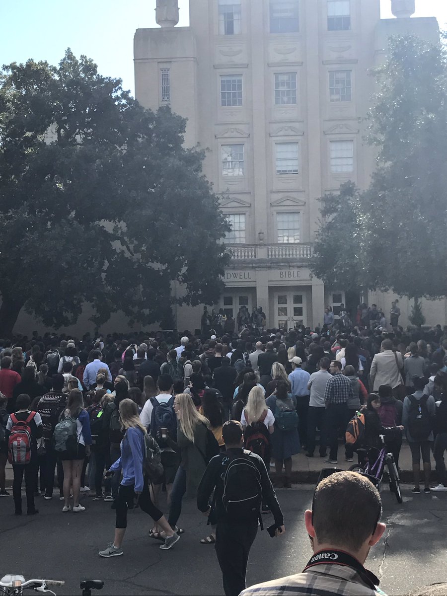 In response to a girl getting shoved and told 'no n*ggers allowed', about 100 Baylor students are walking her to class today. So proud