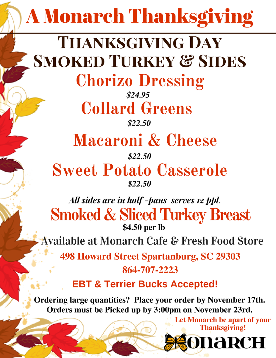 butterfly_sc1's tweet photo. Thanksgiving is less than 2 weeks away! Get all your sides HERE! Order today! 864-707-2223

EBT &amp; Terrier Bucks accepted! 

@woffordcollege https://t.co/8y4523JLt5