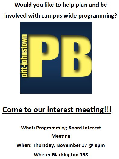 upjactivities's tweet photo. Interested in programming for the entire campus ? Then come check out PB at their interest meeting! https://t.co/yLToDgxzvz