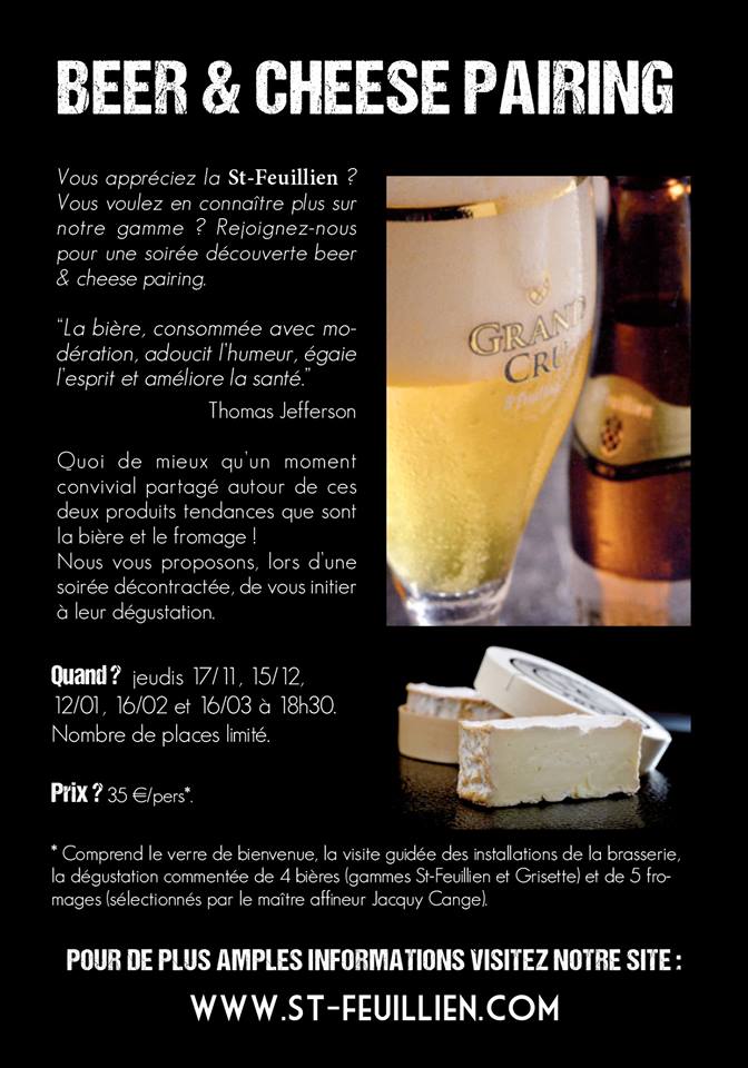Sessions Beer &amp; Cheese pairing jeudis 17/11, 15/12, 12/01, 16/02 et 16/03 à la Brasserie <a href="/St_Feuillien/">St-Feuillien</a>. Infos sur st-feuillien.com/visites/beer-c…