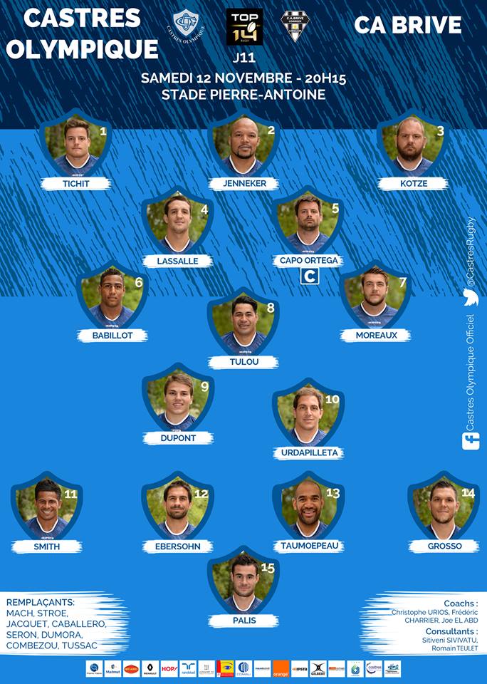 CastresRugby's tweet image. Voici le XV de départ qui reçoit le @CABCLRUGBY demain à Pierre-Antoine ! #COCAB