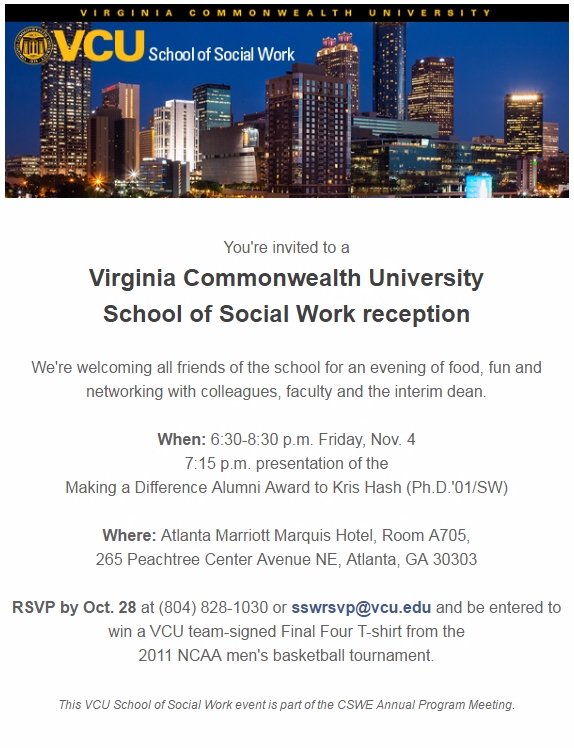 VCUSocialWork's tweet photo. Tonight, we're welcoming all friends of the school for an evening of food, fun and networking at the #VCUSSW #2016APM reception. Join us! https://t.co/up1oYbXctU