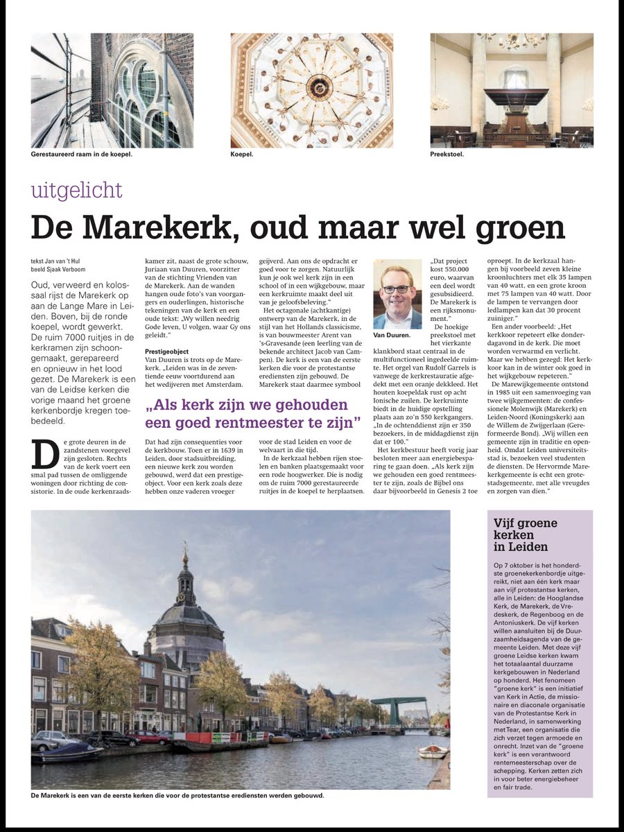 In het RD van 3 november een artikel over de <a href="/Mare_Kerk/">Marekerk</a> #Leiden: 'Oud, maar groen' - over onze roeping om rentmeester te zijn @marekerk