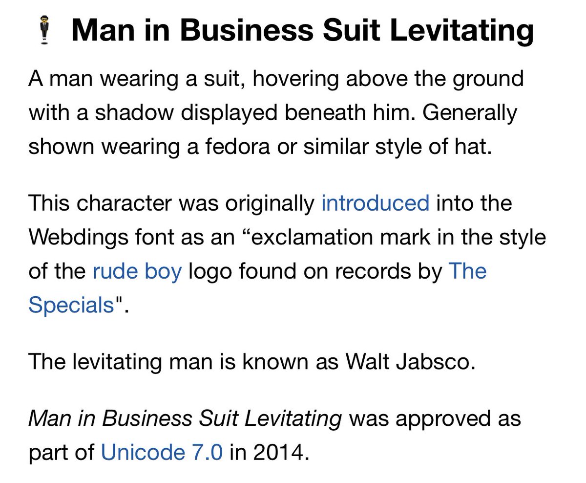 吉永龍樹 ヨシナガタツキ 僕秩 ビジネススーツ を着て空中浮遊している男性 詳しく調べたら他社のも出てきた 元々はビックリマーク のパロディ的な絵文字だったから浮くのが必須だったのか Man In Business Suit Levitating T