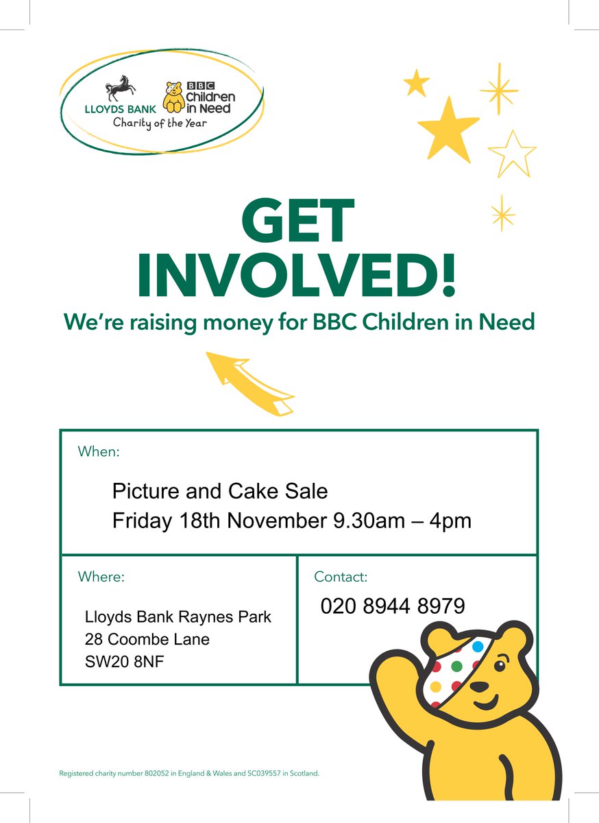 MertonChamber's tweet photo. Raynes Park @AskLloydsBank are to hold a charity picture and cake sale on 18th November. All funds raised go to #ChildrenInNeed https://t.co/VctccWGjJw