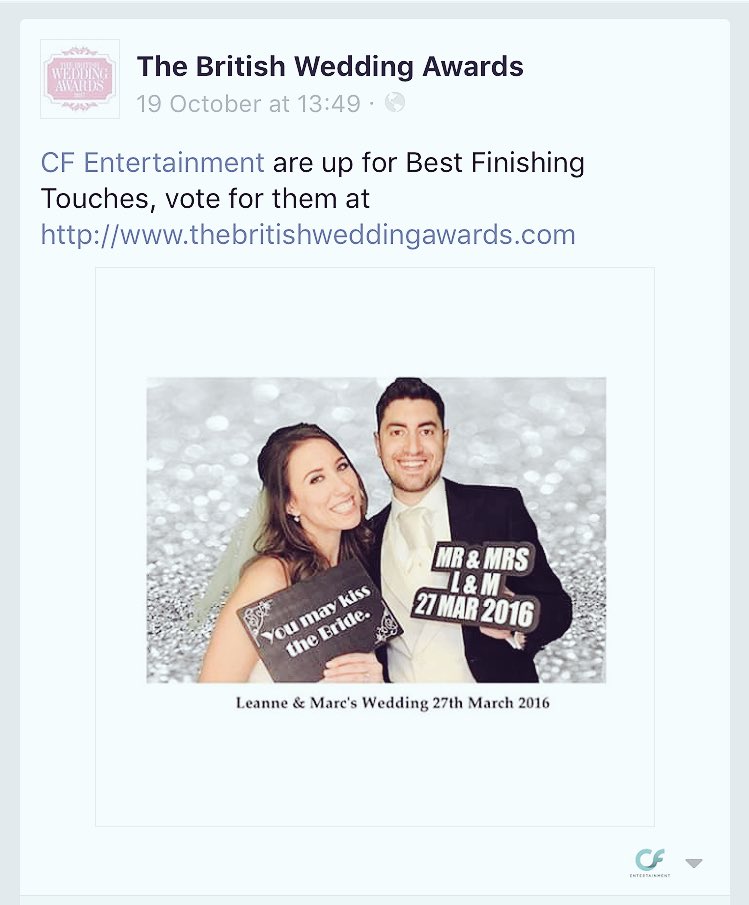 CFEnt_'s tweet image. We've been voted 'Best finishing touches' for @BritWedAwards get voting! :) @RickyDannyFox for best #weddingdj @TommyBalaam #FridayFeeling