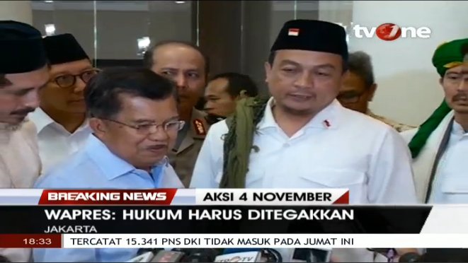 Wapres <a href="/Pak_JK/">Jusuf Kalla</a> :Proses Hukum Dilakukan Secara Tegas dan Cepat #BreakingNewstvOne di #tvOneMemangBeda #Aksi4November viva.co.id/tvone/live