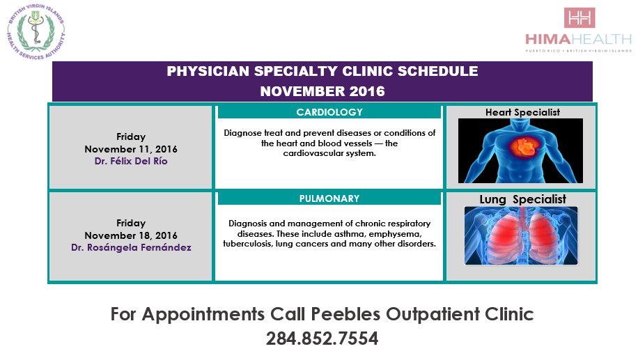 BVIHSA & HIMA Health Physician Specialty Clinic for November 2016.