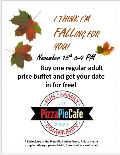 PPCProvo's tweet image. Bring your date and their dinner is on us!! Dont miss out! November 15th from 6-9pm! Share with your friends! #pizzapiecafeprovo #datenight