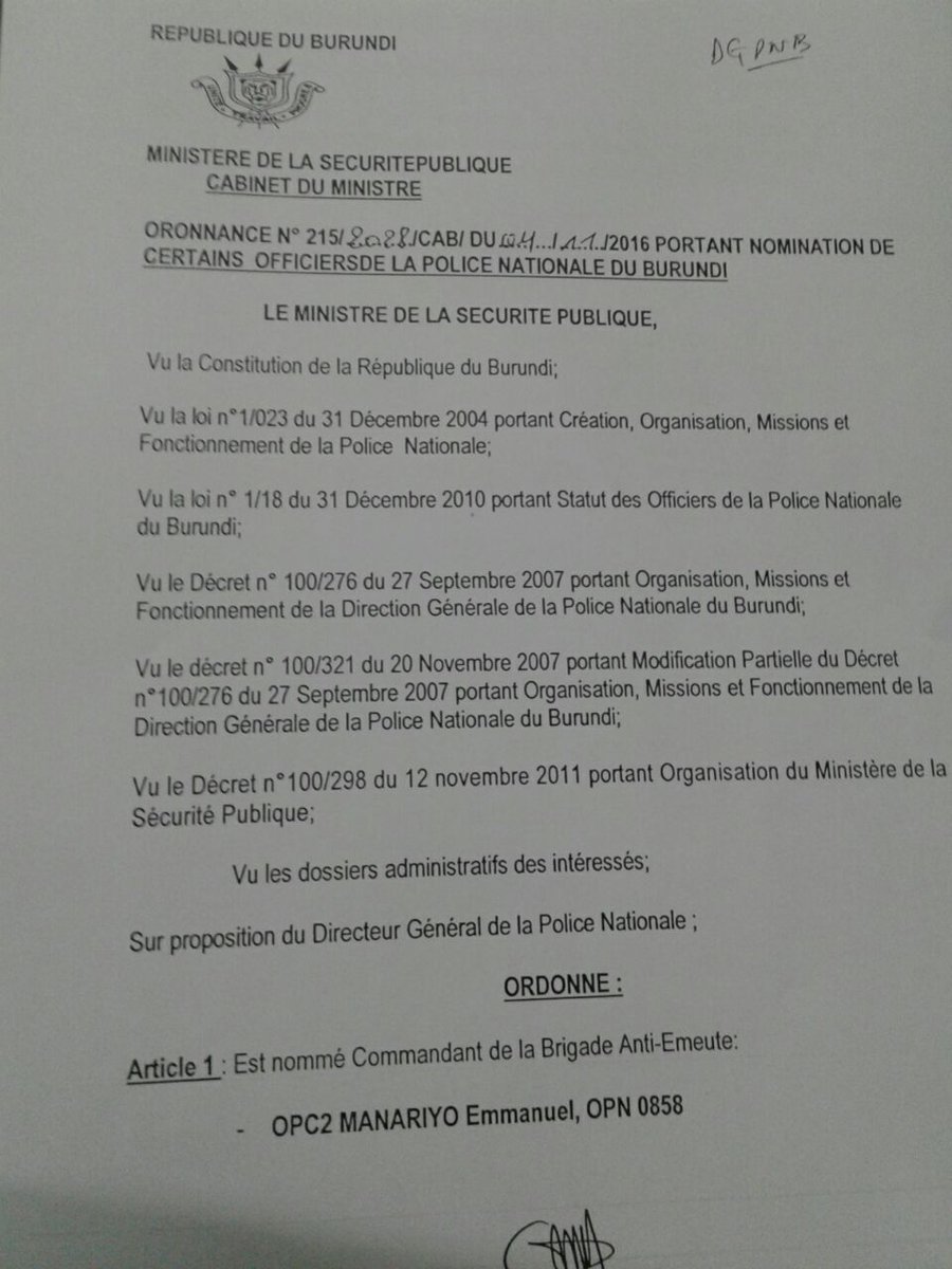 g_bukeyeneza's tweet image. #Burundi Major Désiré #Uwamahoro remplacé à la tête de la Brigade anti-Emeute par OPC2 Emmanuel #Manariyo