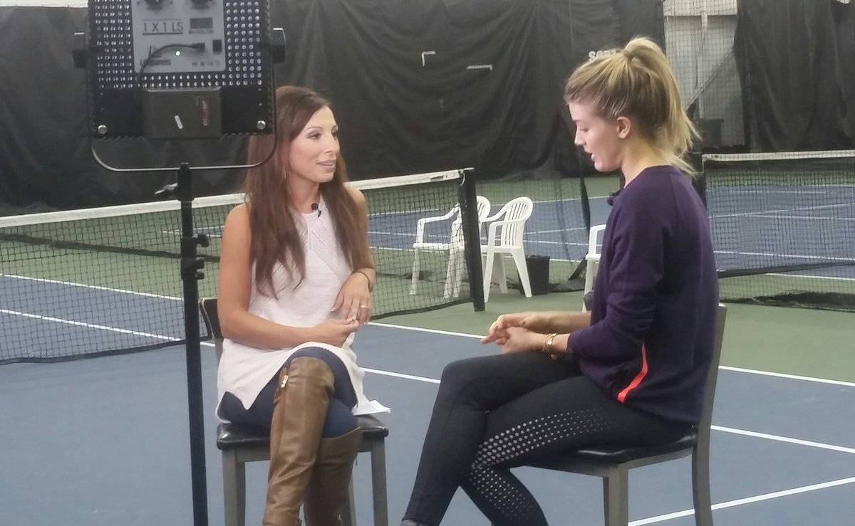 TennisCanada's tweet photo. Fun @ETCanada interview today with Genie & @NatashaGargiulo discussing Justin Trudeau, Kim K, instagram & promoting #ColgateEnamelHealth. https://t.co/xXP37Kd1l9