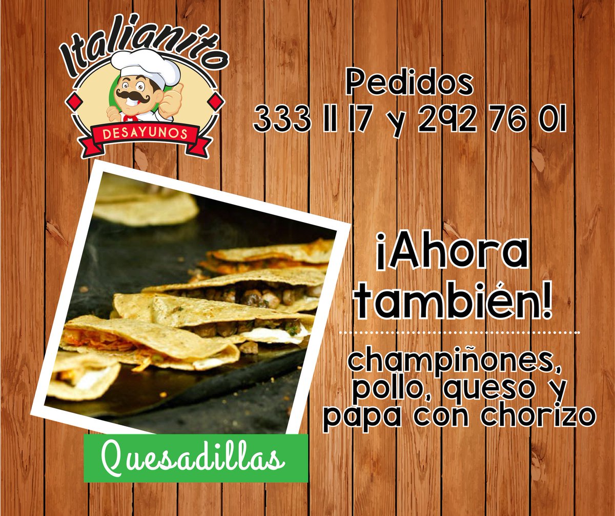 Italianitocuer's tweet photo. #PorLasMañanasSeMeAntoja unas quesadillas del ITALIANITO.

Llámanos al 333 1117 o 292 7691.

Visítanos en https://t.co/27klMZ8j0D https://t.co/WreMk8mFAm