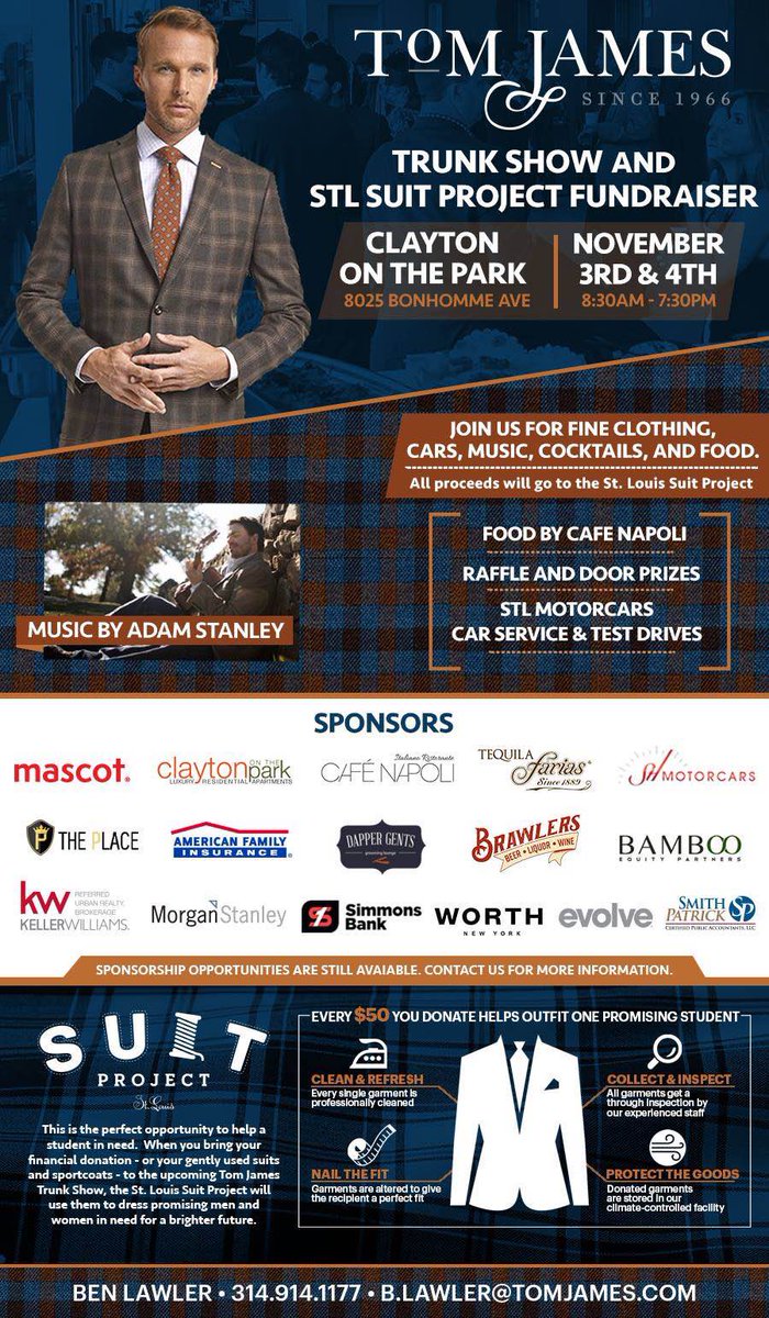 STLSuitProject's tweet photo. Don't miss out on this great event Hosted by Tom James and The St.Louis Suit Project Fundraiser. Help us reach our goal with your donations. https://t.co/X9ZR1eU0iN