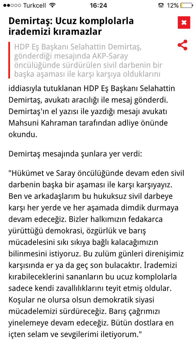 Demirtas'tan mesaj var: Îrademizle irademizi kiramazlar...