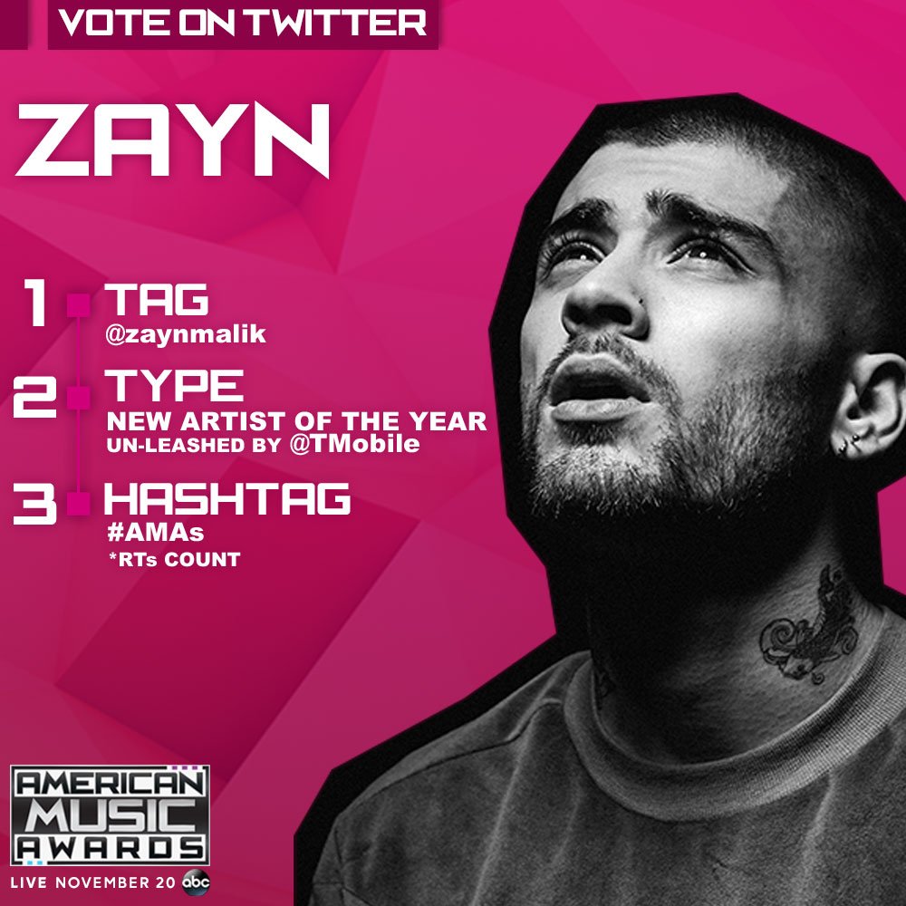 AMAs's tweet photo. Don't forget! Voting for #AMAs New Artist of the Year Un-leashed by @TMobile is OPEN. RT to vote for @zaynmalik! https://t.co/nldN6lB0ob