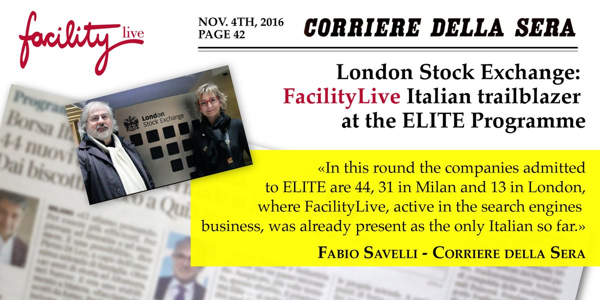 FacilityLive's tweet photo. Today 4/11, on @Corriere 31 new Italian companies admitted to #ELITEProgramme of LSE Group, @FacilityLive is trailblazer in UK since 2014 https://t.co/p2egY3fWfg