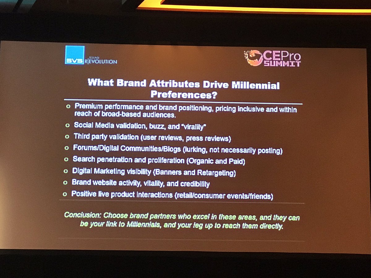 ce_pro's tweet image. Millennials&apos; favorite brands have these attributes. @SVS_Sound #totaltechsummit #avtweeps