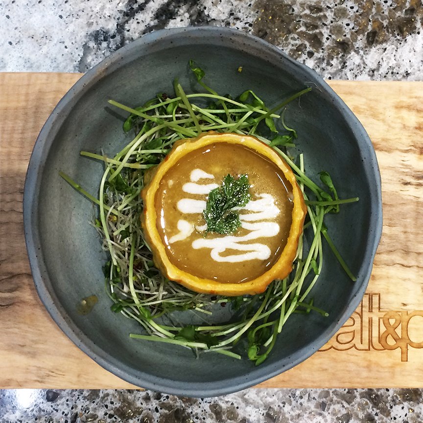 saltpepperbtfd's tweet photo. Autumn harvest soup served in a gourd on one of our own #charcuterie boards -  beautiful and delicious! #foodiefriday #love #fresh #local https://t.co/1RuIBnpYWs