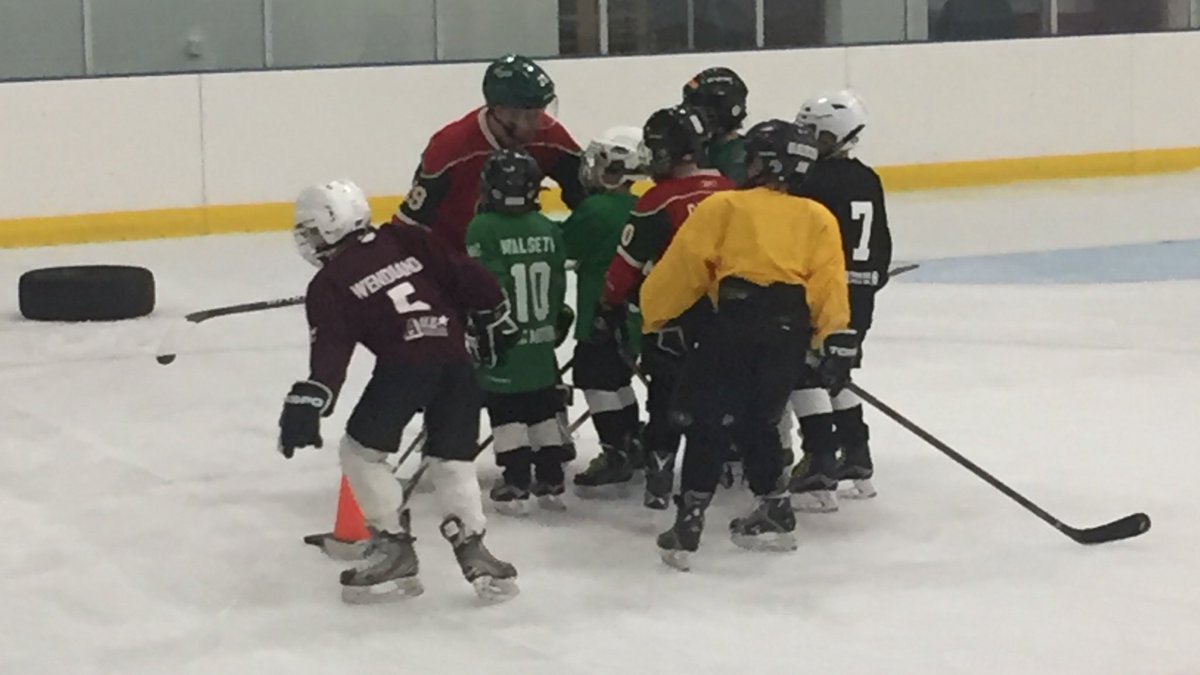 mnwild's tweet photo. Nate Prosser surprised the Mounds View/Irondale youth hockey team at Shoreview Ice Arena with our first @BremerBank Pop-in Practice. https://t.co/d5aMSnYRjA