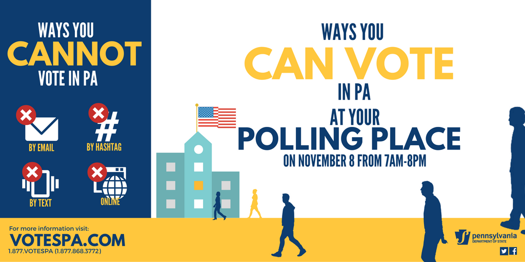 PAStateDept's tweet photo. Do not be mistaken. In-person voting is the ONLY way to vote. Find your polling place here: https://t.co/VcvcqRwds3. https://t.co/DvOGlVz5RC