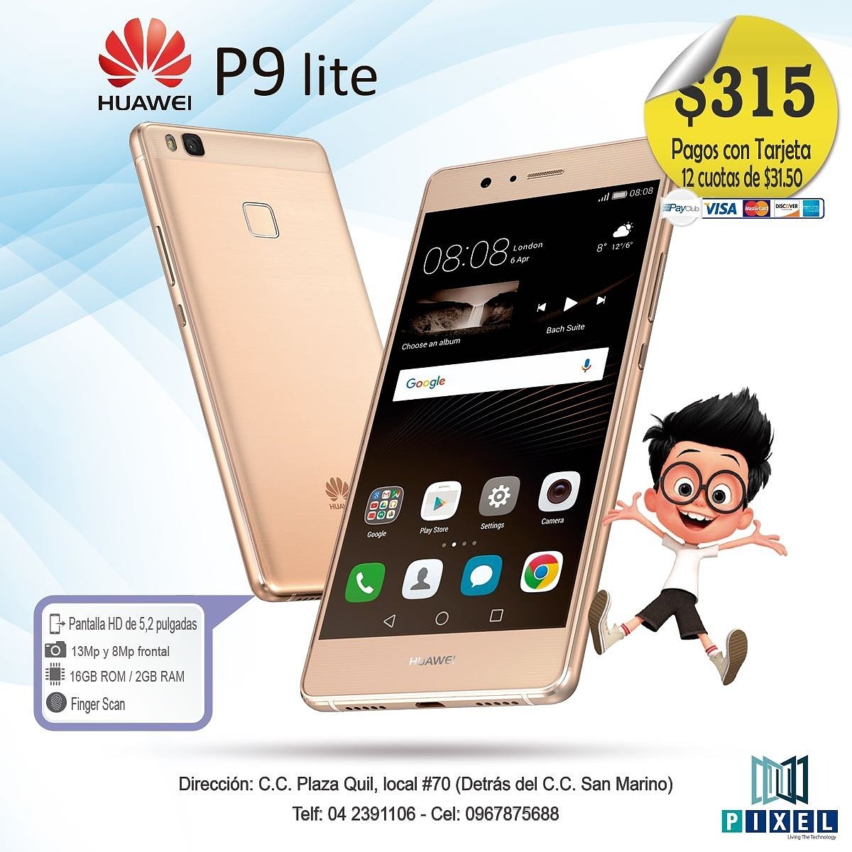 PixelEcu's tweet photo. 🎉El nuevo #Huawei #P9lite a tan solo $315 ó lo puedes diferir con tú tarjeta de crédito preferida a 12 meses en cuotas de $31,50 #PixelECU 😎 https://t.co/0JvM2FCwuA