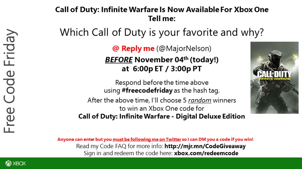 Larry Hryb On Twitter Freecodefriday Time Read This And You Could Win A Code For Call Of Duty Infinite Warfare Digital Deluxe Edition On Xbox One Good Luck Https T Co Hydykd1ris