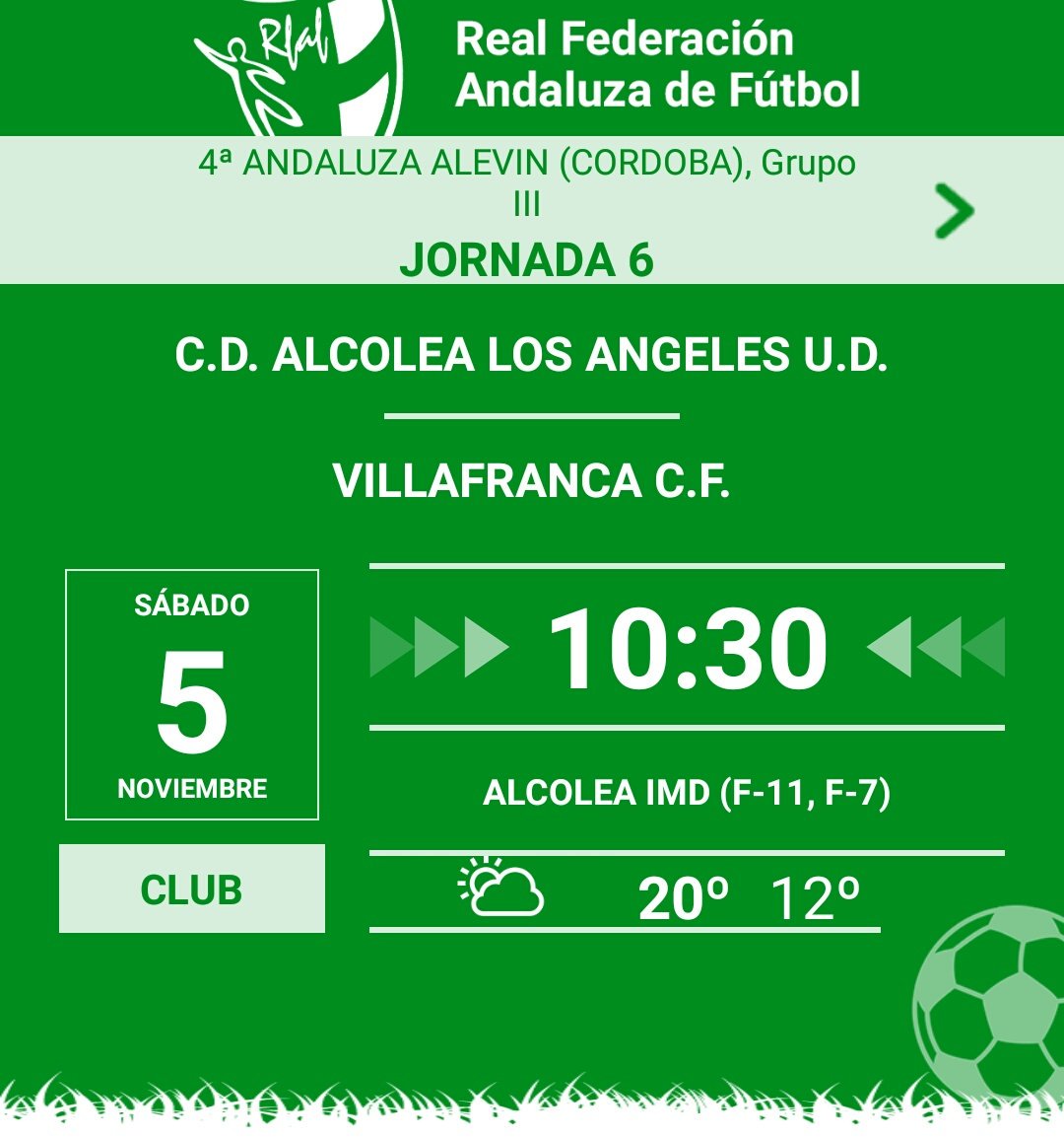 📎 Jornada 6
⚽️ Alevín - <a href="/Villafrancacf/">Villafranca C.F.</a> 
📍 Municipal de Alcolea
📅 Sábado 5 de noviembre
⌚️ 10:30
#UDAlcolea 🔵⚪🔵