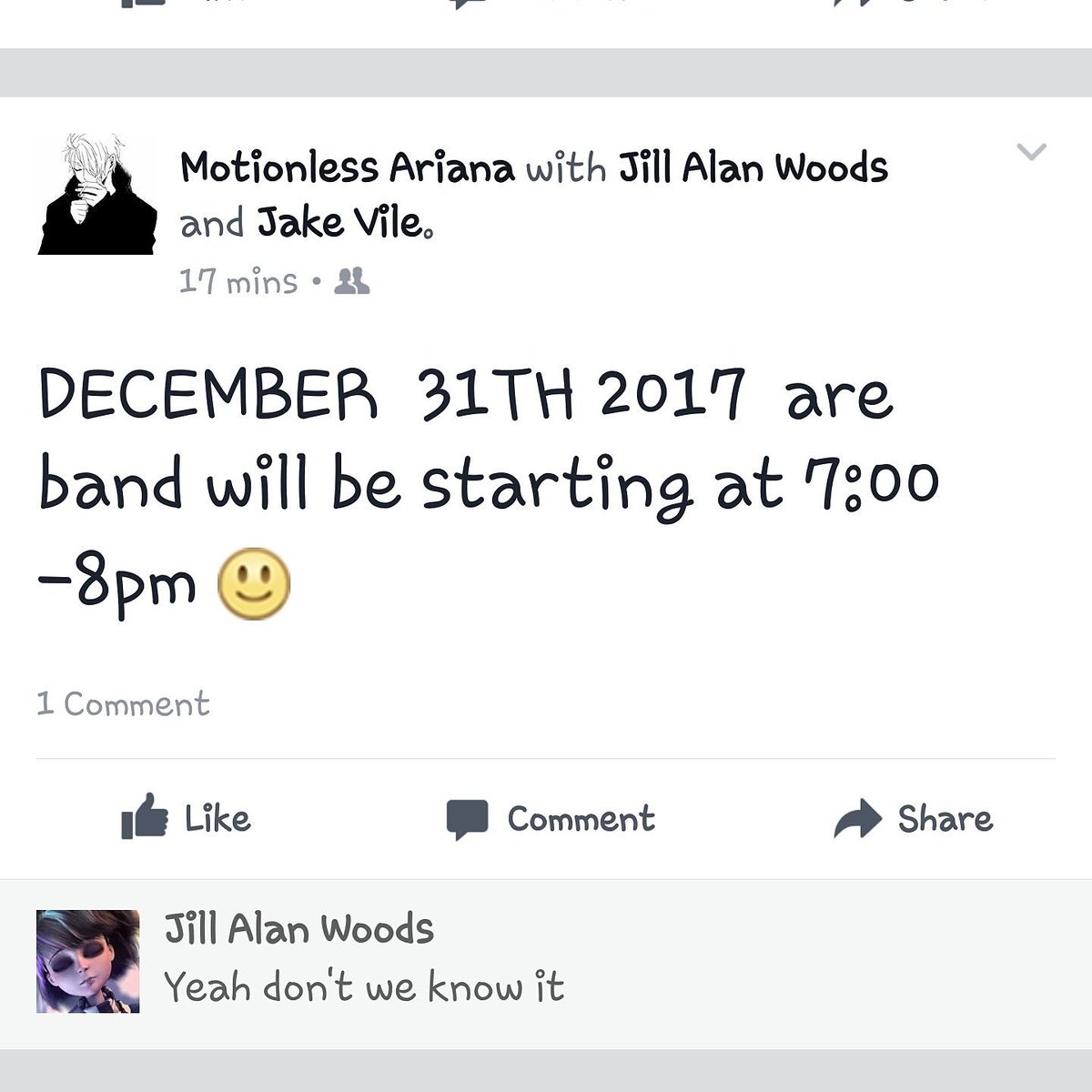 Are band will be starting at Dec 31th 2017 7:00 -8pm 🙂🙂 follow us on Facebook for more details
