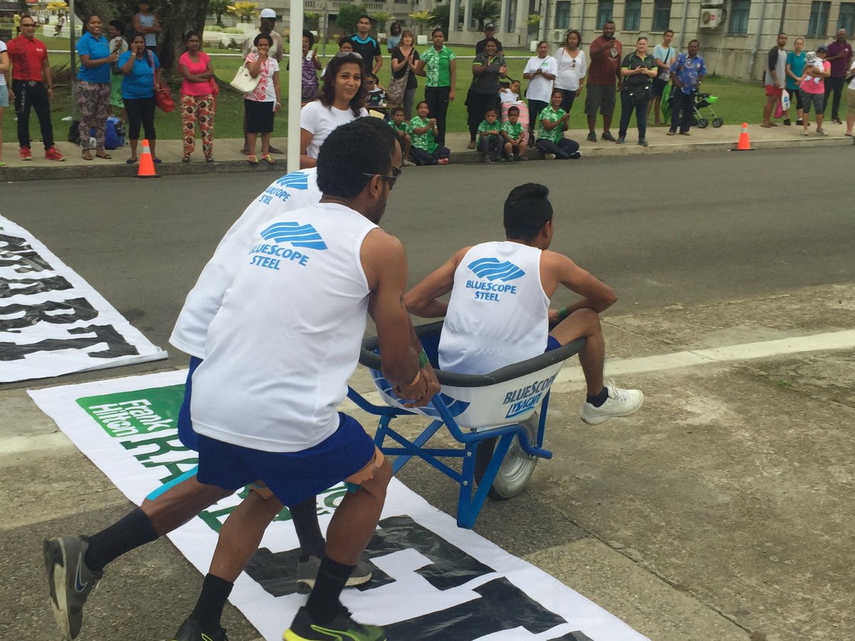 GeoffreyFiji's tweet photo. Bluescope wins inaugural Hilton Wheelbarrow Charity race @ Suva's Albert Park. @FijiOneNews #suninsurance #hiltonrace https://t.co/dfpVqH1vwx