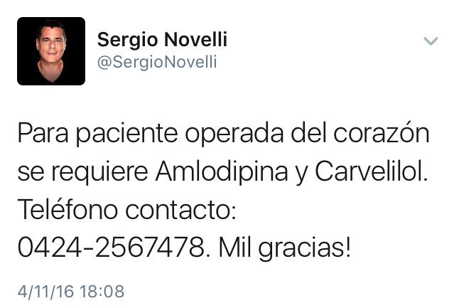 LadyGhostVzla's tweet photo. FAVOR RT ⚠️ vía @SergioNovelli #ServicioPublico paciente operada del corazón. AMLODIPINA y CARVELILOL             📞0424-2567478 https://t.co/G6pz3PBAkW