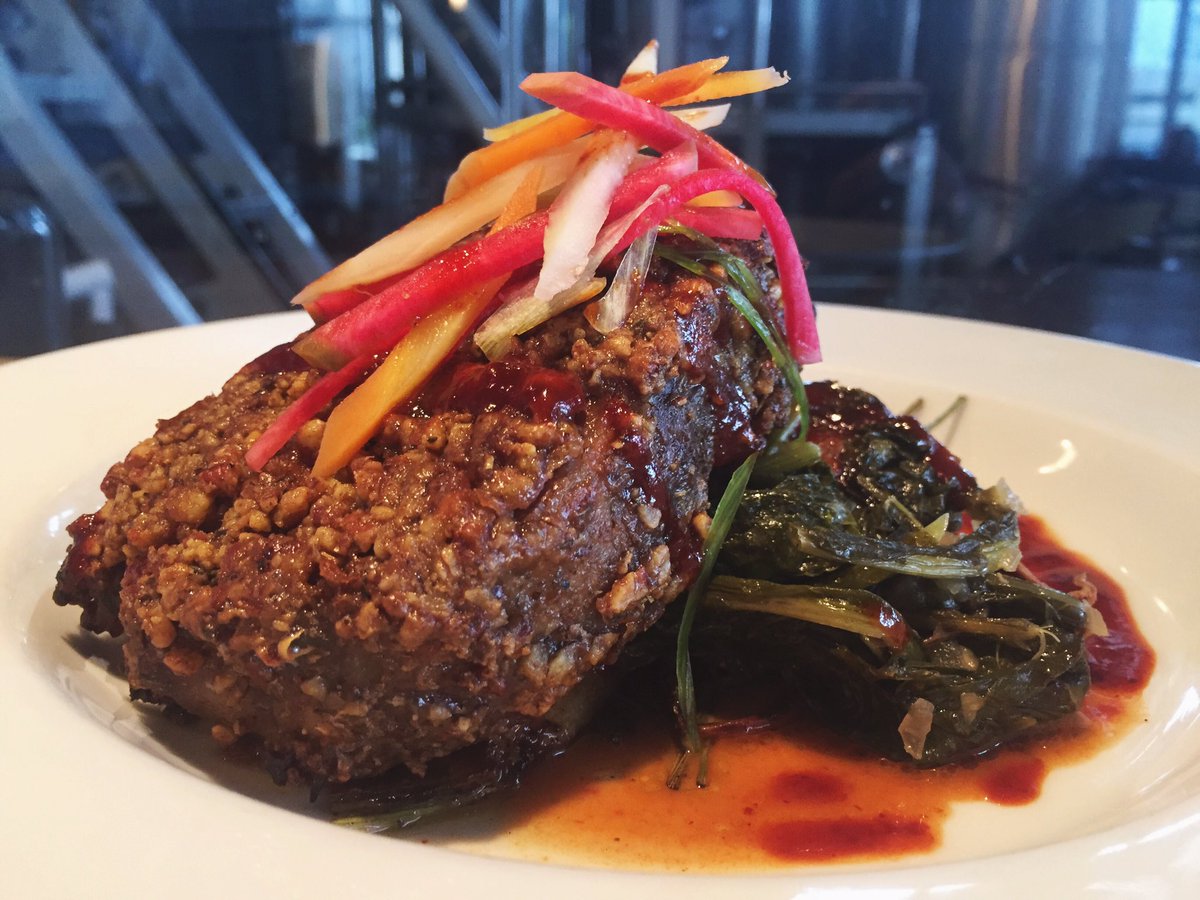 blackstarcoop's tweet image. One of tonight's MANY dinner specials: Pecan Crusted Pork Chop. Pork chop, roasted carrots, turnip greens, guajillo-gochujang sauce. #eatatx
