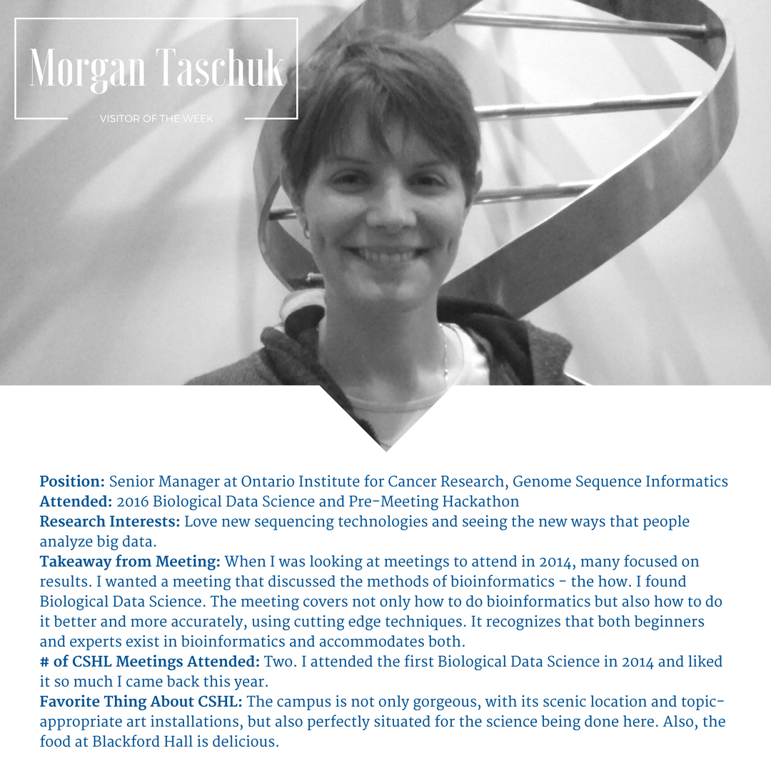 cshlmeetings's tweet photo. This wk's visitor @morgantaschuk has attended both Bio #DataScience mtgs incl the #hackathon. View her photo on why she chose our meeting. https://t.co/FAtEJkmvpP