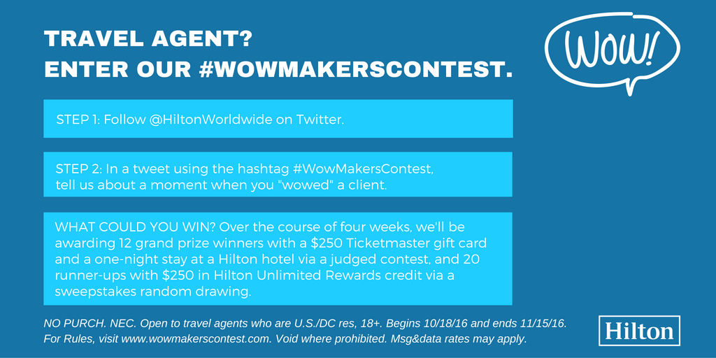 HiltonNewsroom's tweet photo. Travel agents: Want to win a $250 Ticketmaster gift card + a one-night hotel stay? Enter #WowMakersContest! Rules: https://t.co/9HAMF0O5Bq https://t.co/ALGyzKVuET