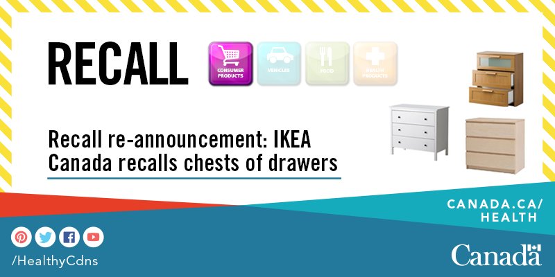 HealthyCdns's tweet image. #RECALL re-announcement: IKEA Canada #recalls chests of drawers due to a #TipOver incident. Find out more: ow.ly/8Z0s305S5p7