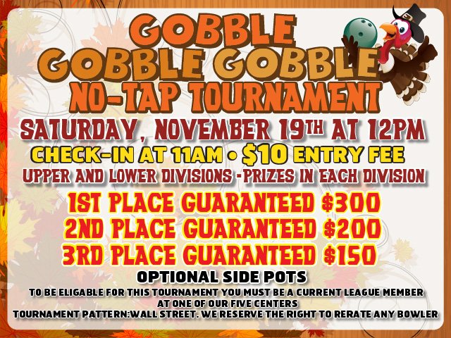DelRioLanes's tweet photo. Work up an appetite and have a chance to win great prizes at our Gobble Gobble Gobble No Tap Tournament November 19th! #delriolanes #bowling https://t.co/9c7Ogv7HOs