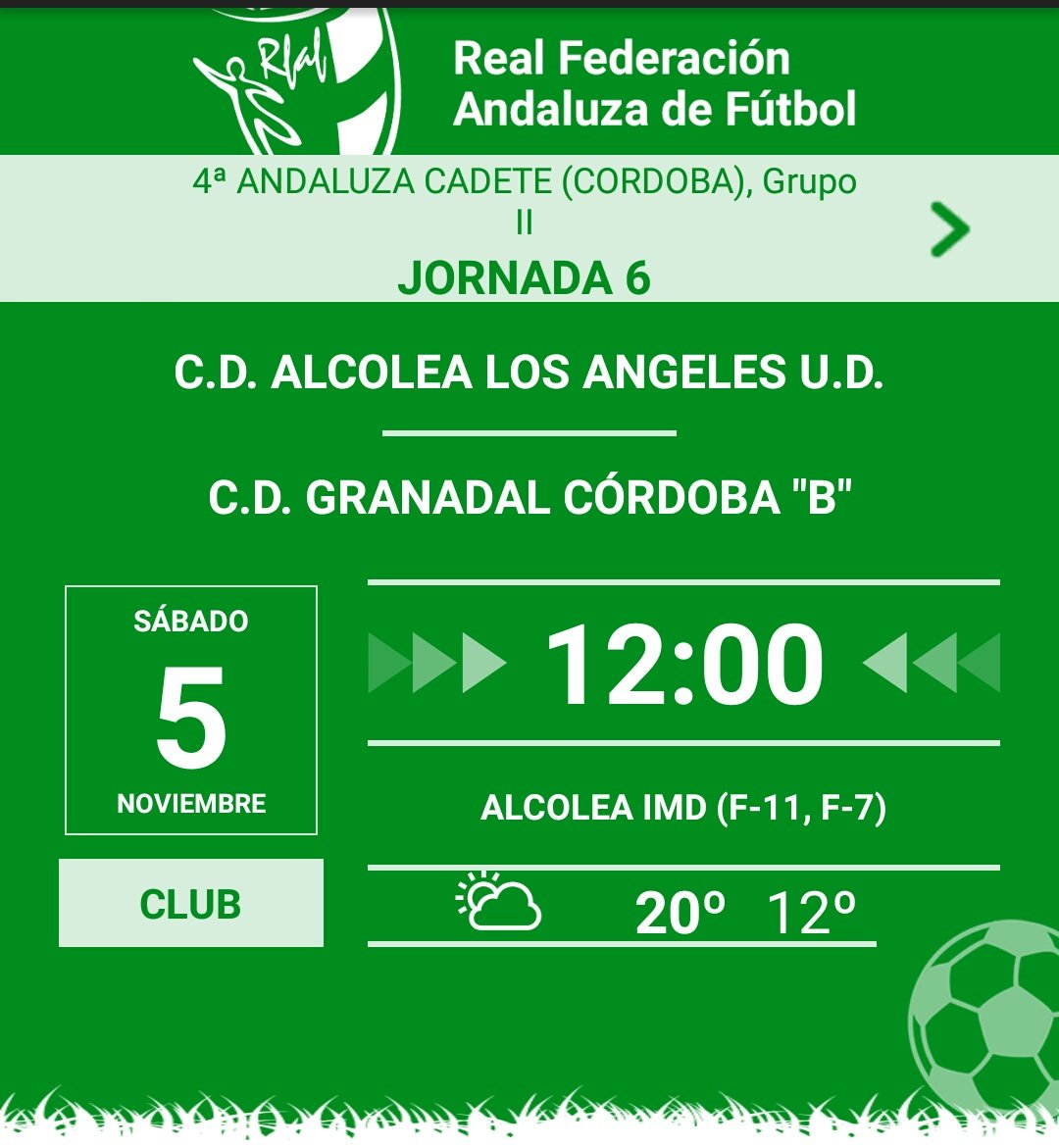 📎 Jornada 6
⚽️ Cadete - <a href="/cdgranadal/">CD Granadal Figueroa</a> "B"
📍 Municipal de Alcolea
📅 Sábado 5 de noviembre
⌚️ 12:00
#UDAlcolea 🔵⚪🔵