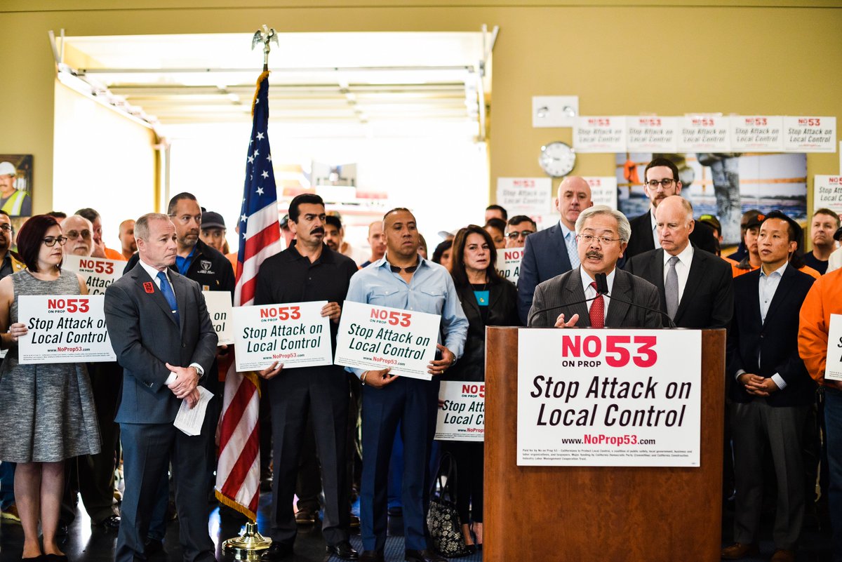 noprop53's tweet photo. #SF @mayoredlee stood with @JerryBrownGov, firefighters @SFFFLocal798, nurses, @CA_Bldg_Trades to say #NoProp53 https://t.co/vMUDBWO1HQ https://t.co/eP2J3bcWdW