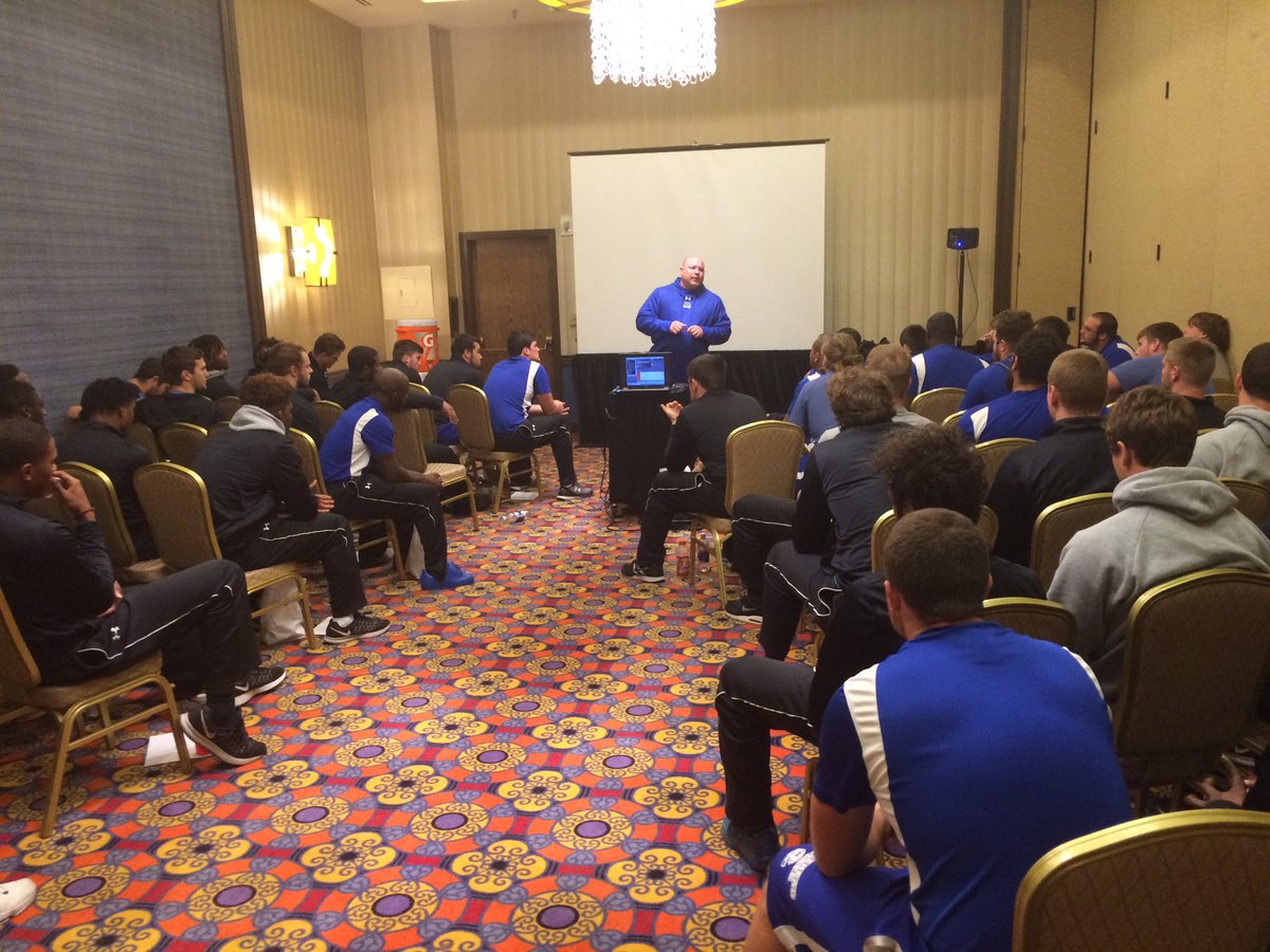 MSUEaglesFB's tweet photo. Last meeting of the night in Indianapolis. Huge game tomorrow against Butler with the kickoff set at 1:00! #GoEagles #BeatButler https://t.co/gcRDWMOU8I