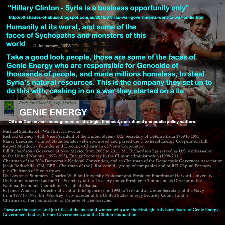Guardians_Dio's tweet photo. Genie Energy #Syria #IraqWar #RupertMudoch company directors linked to #ClintonFoundation #NSA #Potus https://t.co/vlrZvRxmL2 https://t.co/5NapZlmlyJ