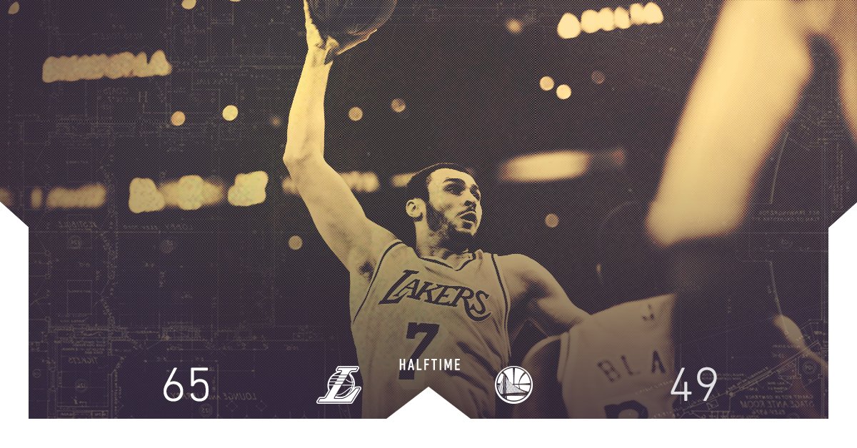 Lakers's tweet photo. Lakers drop 65 in the half.
@Larrydn22 rocks the rim.
#LakeShow leads by 16. https://t.co/k1oK1b5Ufu