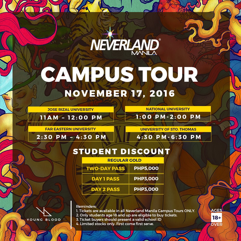 NeverlandManila's tweet photo. Take note, Dreamchasers!

JRU, NU, UST, and FEU, we are coming for you! This is your chance to avail discounted tickets! Open to ALL! https://t.co/G5nAGWLhG4