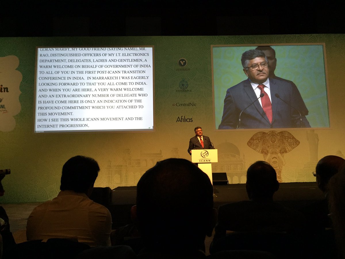 ICANNCIIO's tweet photo. Union Minister of India for IT Hon. Ravi Shankar Prasad-ji addressing the ICANN57 opening ceremony. https://t.co/mXHl4MlPpU